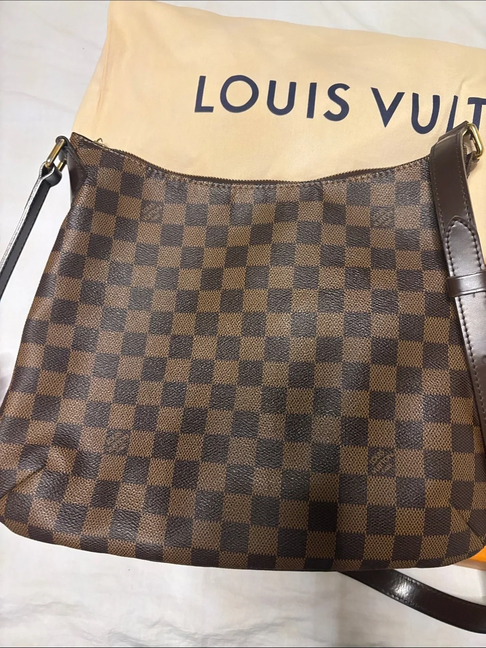 Louis Vuitton Damier Ebene Shoulder Bag with Dark Brown Trim and Gold Hardware
